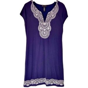 INC INTERNATIONAL CONCEPTS NOSTALGIA Navy White Embroidered Cap Sleeve Dress L